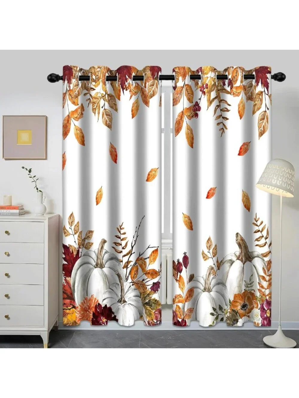 Autumn Leaves Blackout Curtains - Fall Pumpkins & Maple Leaf Drapes, 2 Panels